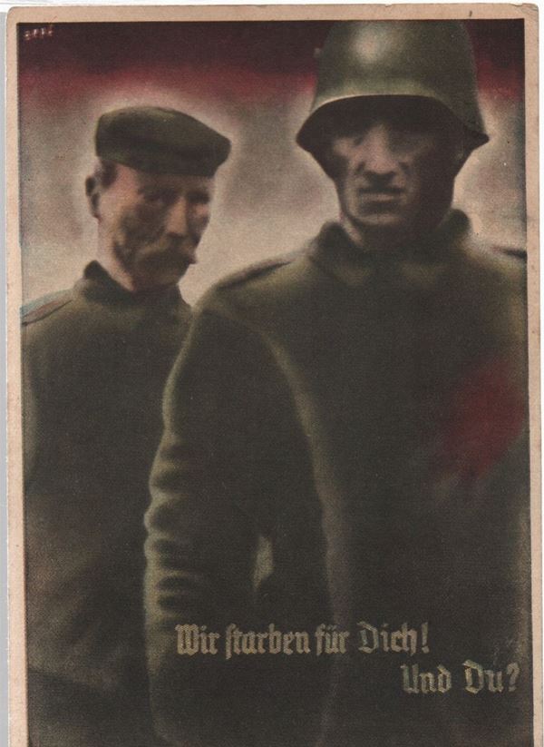 Cartolina originale propaganda nazista "Siamo morti per te! e tu?"