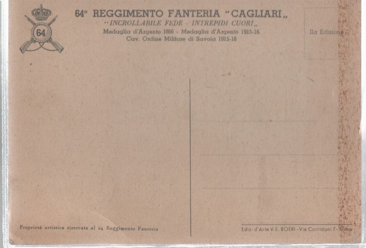 Cartolina Originale 64° Reggimento di Fanteria "cagliari: Incrollabile Fede, Intrepidi Cuori"