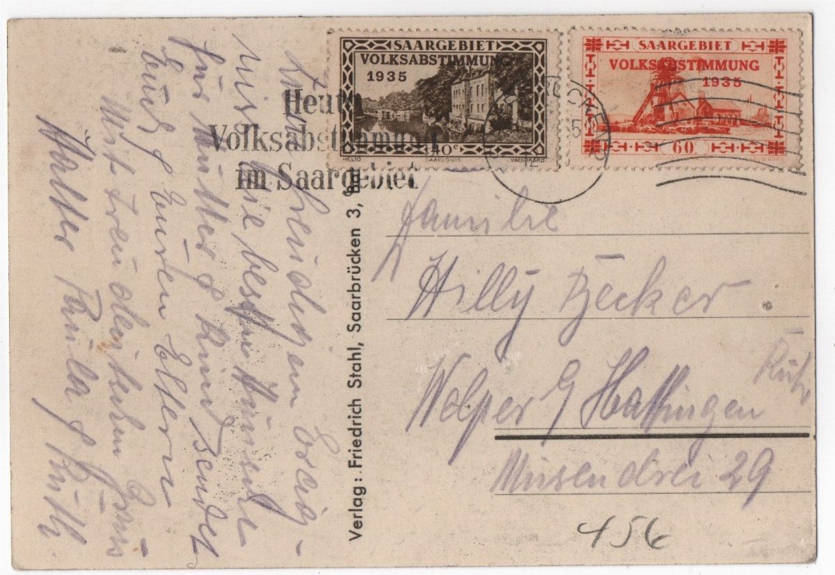 Cartolina Rara 13 Gennaio 1935 "la Saar Resta Tedesca"