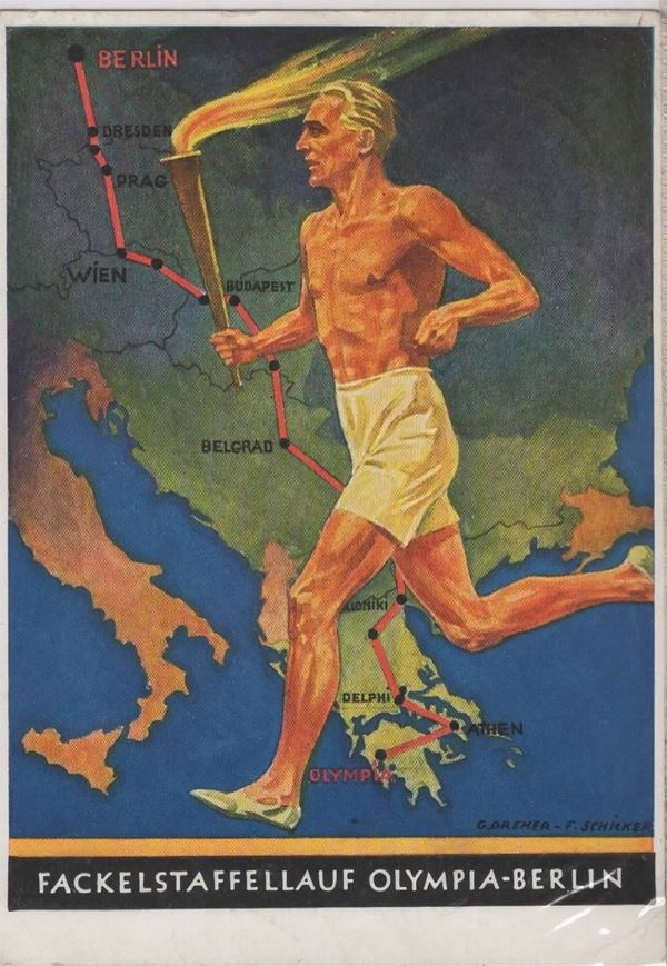 Cartolina originale propaganda con portatore della torcia Olimpia - Berlino 1936