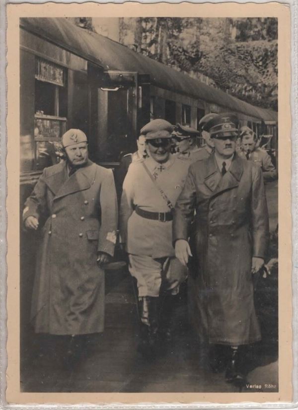 Rare original photographic postcard by Mussolini, Hitler and Goring