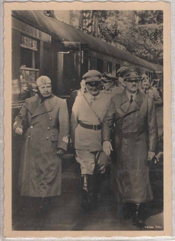 Rara cartolina originale fotografica Mussolini, Hitler e Goring