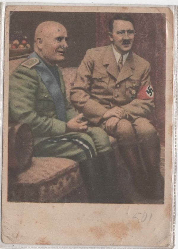 Cartolina rarissima originale Mussolini e Hitler a Munich nel 1938 nell'appartamento di Hitler