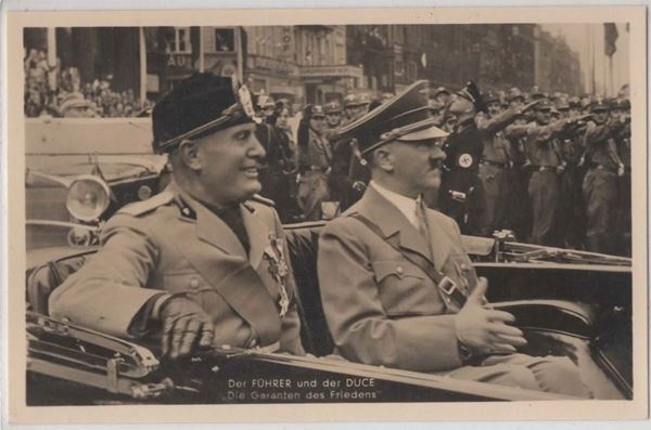 Original photographic postcard "Mussolini and Hitler in mercedes