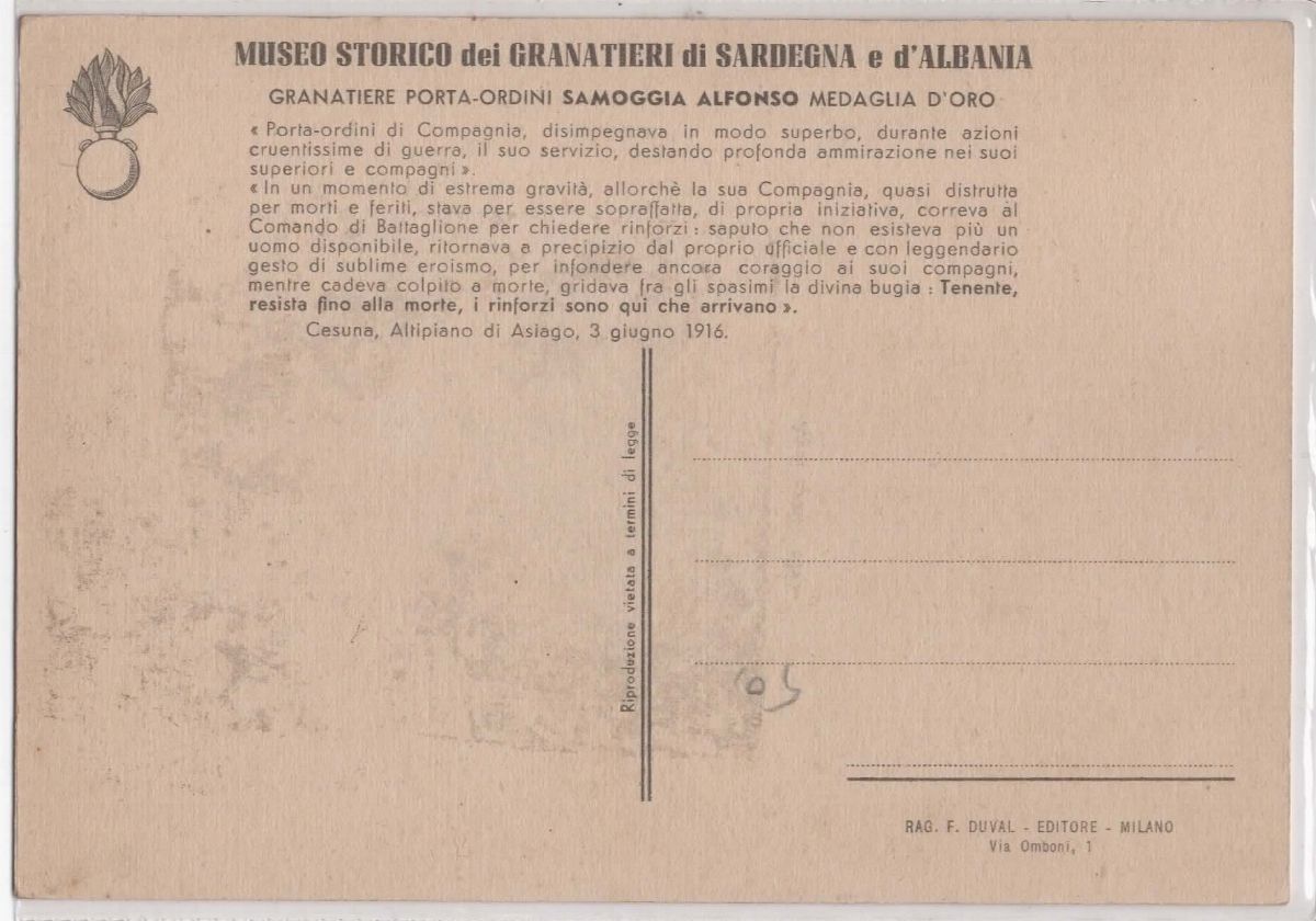 Cartolina Originale Museo Storico dei Granatieri di Sardegna e D'albania- Salmoggia Alfonso Medag...