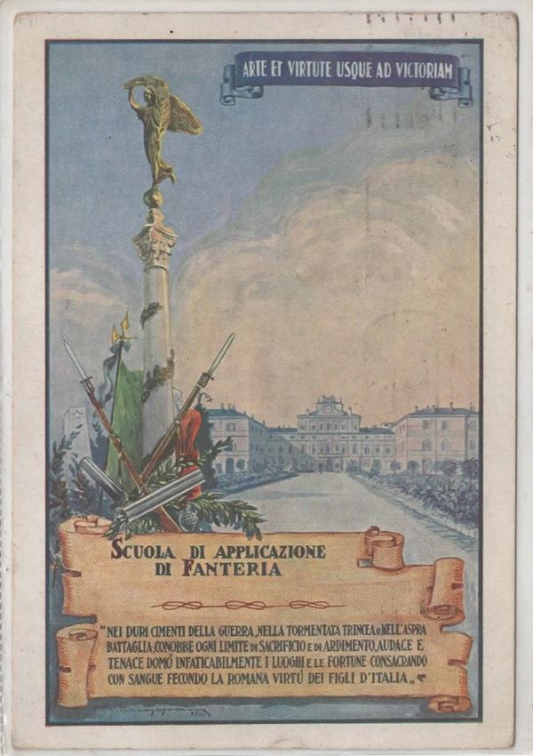 Cartolina originale "arte et virtute usque ad victoriam" scuola di applicazione di fanteria