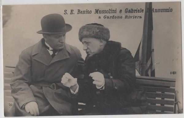 Original photographic postcard of Mussolini and Gabriele D'Annunzio in Gardone Riviera