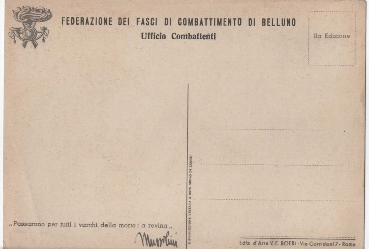 Cartolina Originale Federazione Fasci da Combattimento di Belluno - Propaganda Fascista