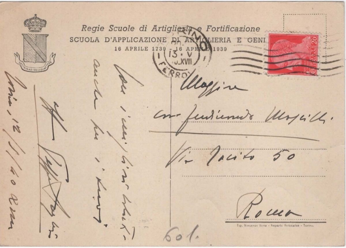 Cartolina Militaria Scuola Artiglieria Fortificazione Anniversario 1739-1939
