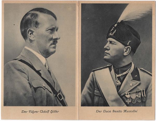 Double original postcard - Duce Benito Mussolini and Fuhrer Adolf Hitler