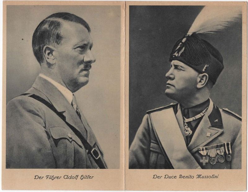 Cartolina originale doppia - Duce Benito Mussolini e Fuhrer Adolf Hitler