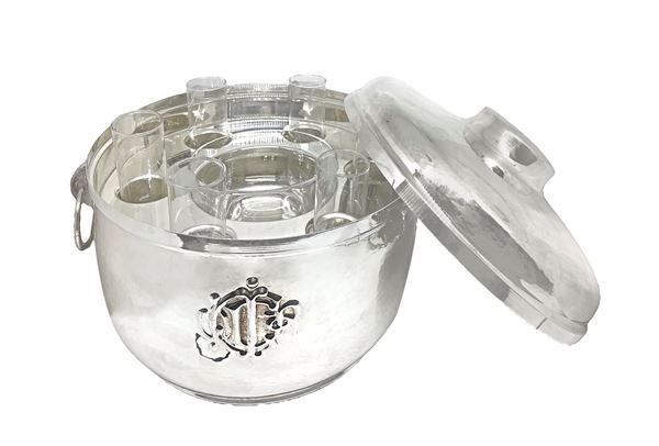 Christian Dior - Porta caviale in argento 925 punzonato e sei biccheri in cristallo da vodka 