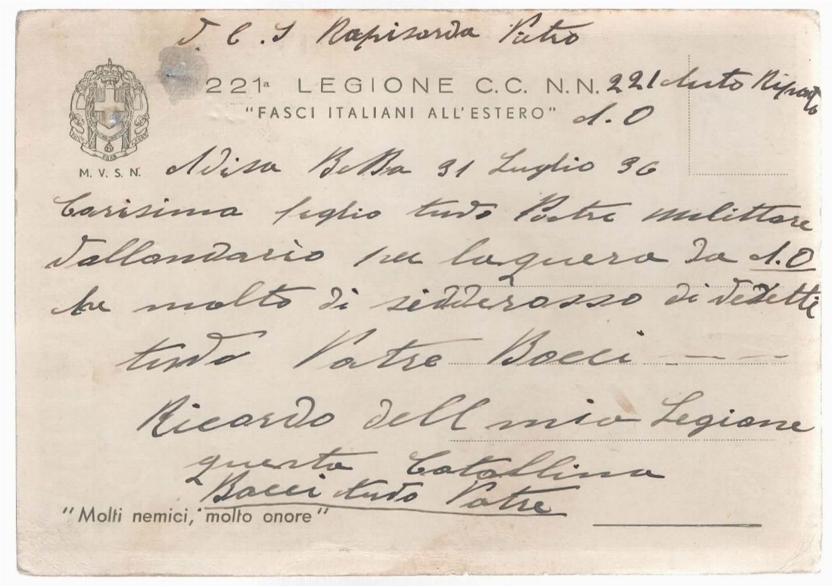 Cartolina originale 221° legione C.C.N.N. fasci Italiani all'estero dalla Somalia