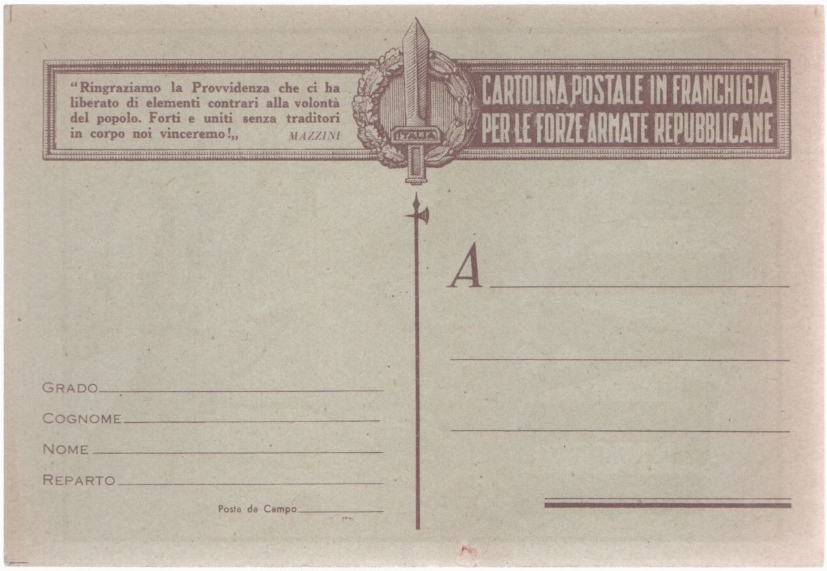 Cartolina rara originale in franchigia per le forze armate repubblicane