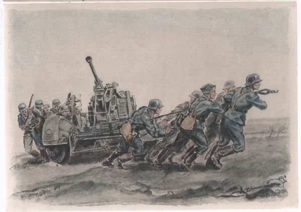 Cartolina originale propaganda Flak - Geschutz Wird in stellung gebracht, La contraeree viene portata in posizione