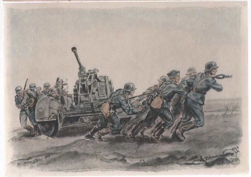 Cartolina Originale Propaganda Flak - Geschutz Wird in Stellung Gebracht, la Contraeree Viene Por...