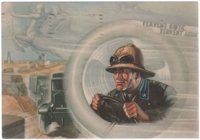 Rara cartolina originale 20° centro automobilistico XX Autogruppo- Tripoli "Fervent rotae fervent...