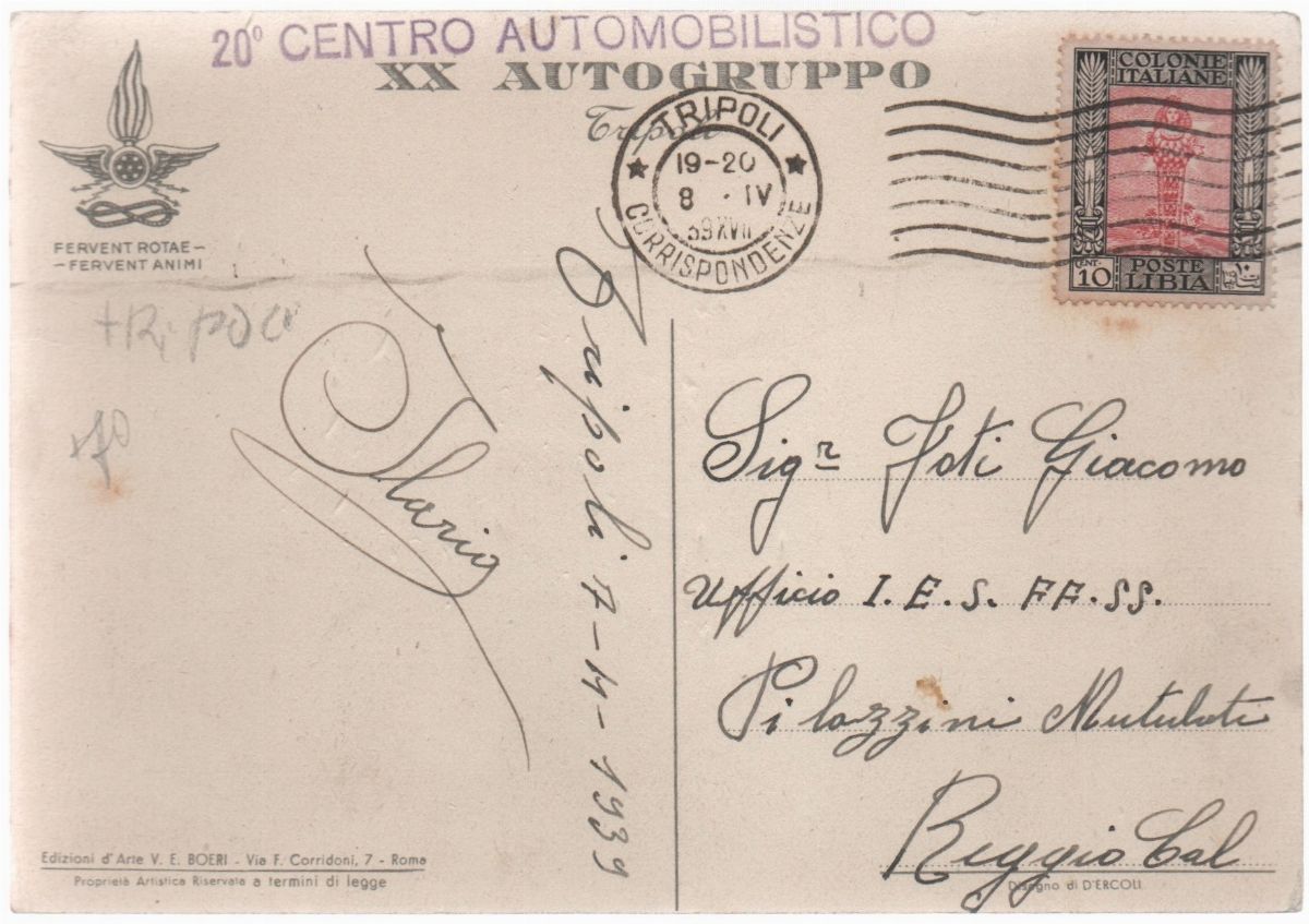 Rara cartolina originale 20° centro automobilistico XX Autogruppo- Tripoli "Fervent rotae fervent...