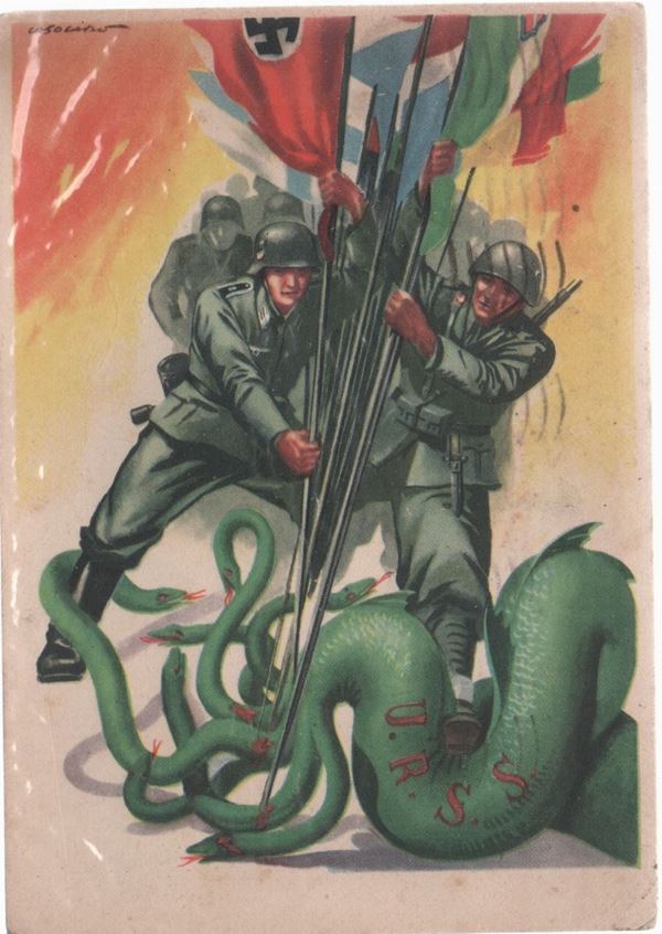 Cartolina originale propaganda fascista contro URSS e boscelvismo