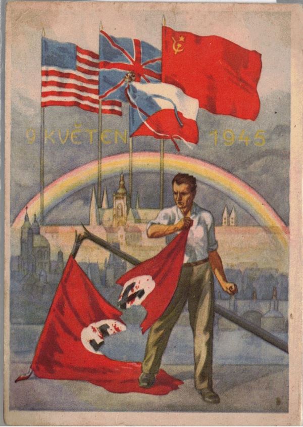 Cartoline d'epoca che celebra la fine del nazismo con la vittoria degli alati