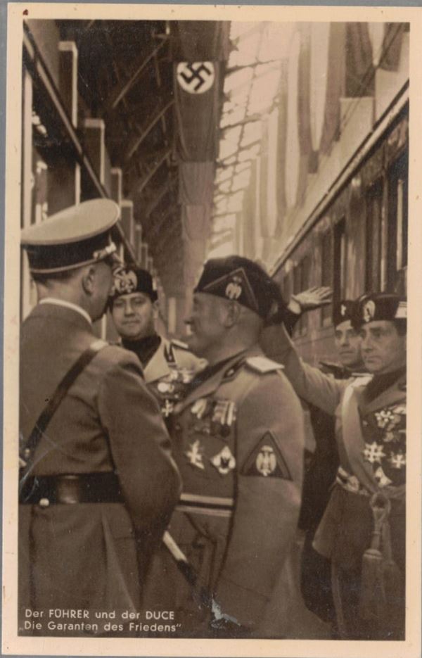 Original photographic postcard of Mussolini and Hitler at the Berlin station 1937