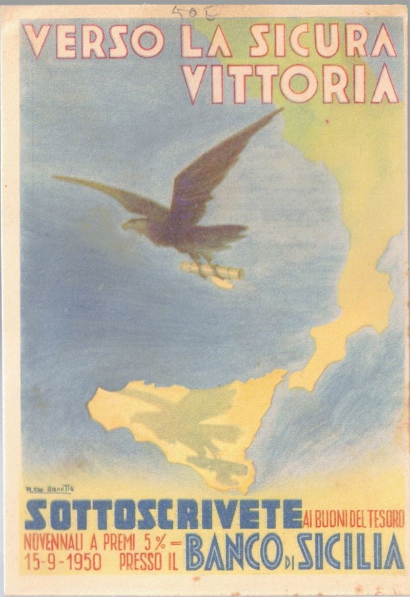 Cartolina Originale- Verso la Sicura Vittoria- Sottoscrivente Bancodi Sicilia 1941