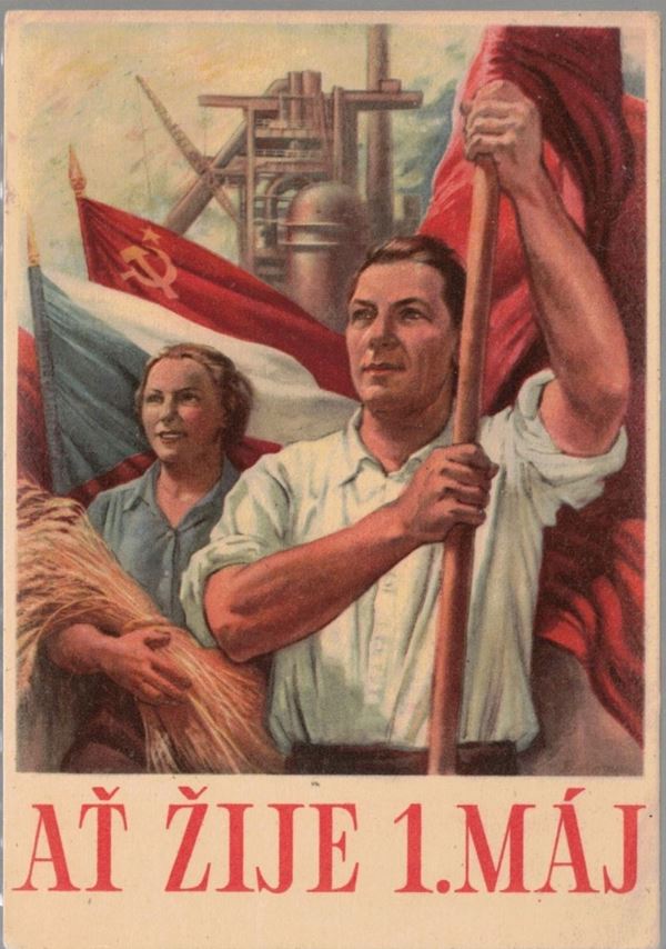 Cartolina originale propaganda- Vivere 1 Maggio liberazione Sovietica della Cecoslovacchia