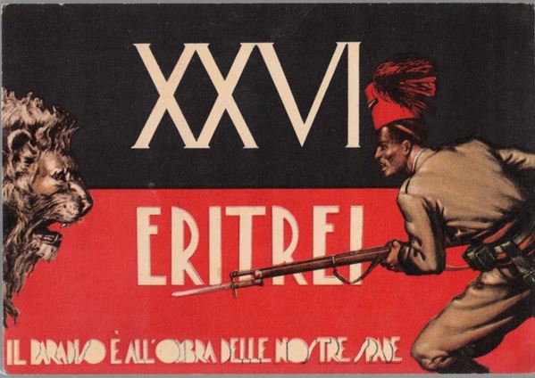 Cartolina originale coloniale XXVI battaglione indigeni - il paradiso è all'ombra delle nostre spade - combattimento Azbi 12-11-1935