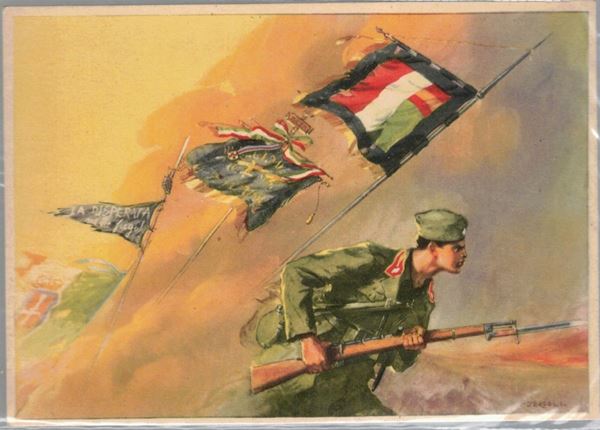 original postcard G.I.L. Italian youth - Francoist military Spain