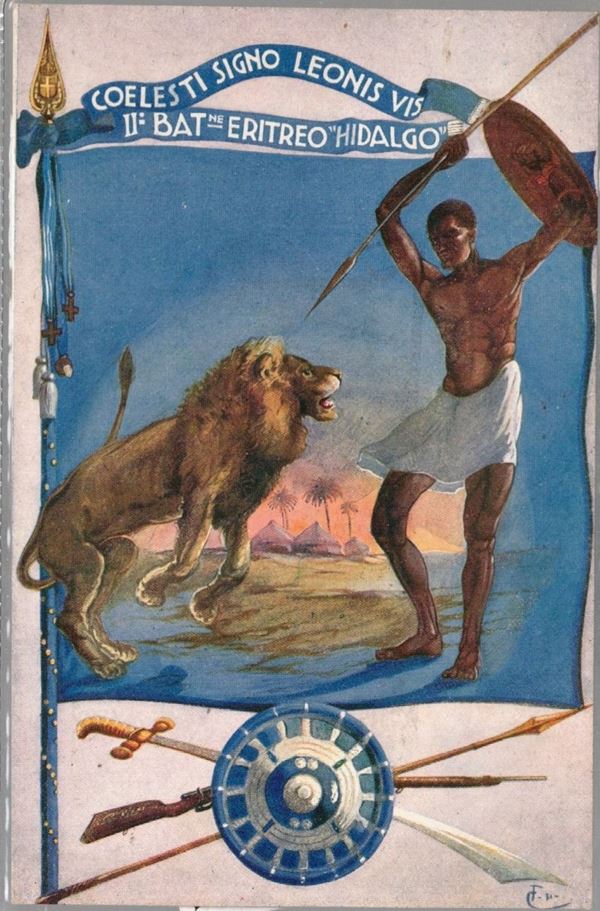 cartolina originale coloniale II battiglione eritreo Hidalgo " coelesti signo leonis vis"