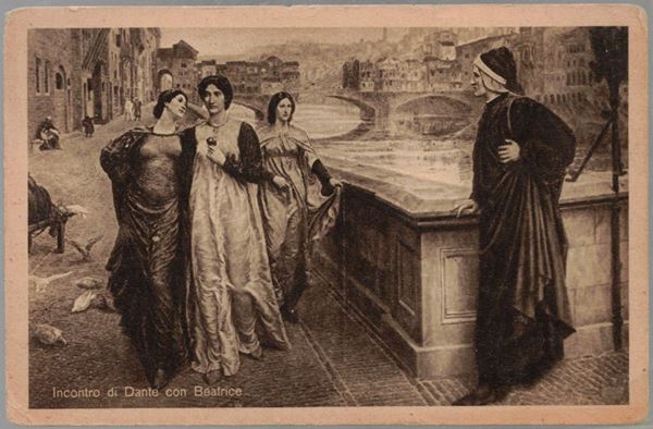 Cartolina incontro di Dante con Beatrice al ponte S.Trinità