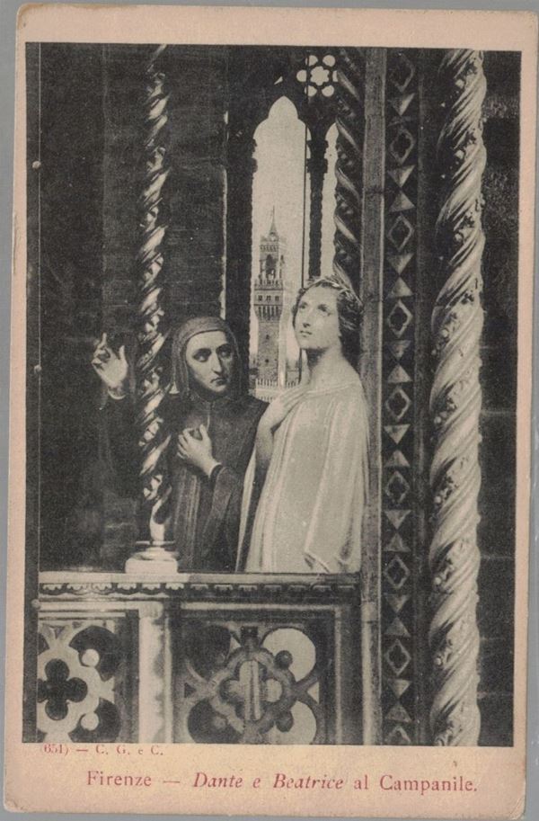 Postcard Dante and Beatrice at the bell tower