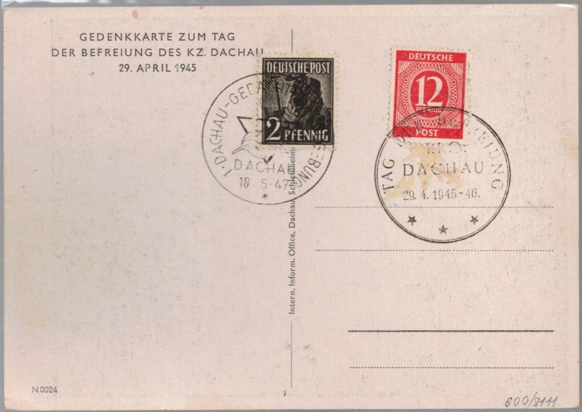 Cartolina memoriale commemorativa Dachau 29 IV 1945-46