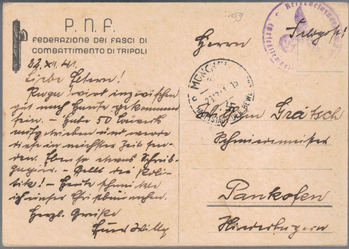 Cartlina Originale P.n.f. Federazione dei Fasci di Combattimento di Tripoli - Vinceremo!