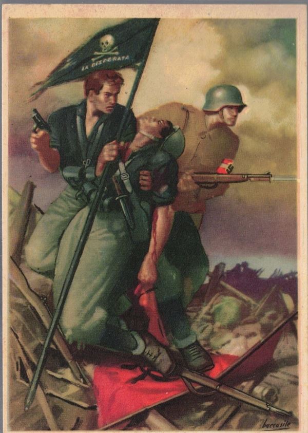 Cartolina originale militare camicia nera e bruna all'assalto PNF dopolavoro forze armate