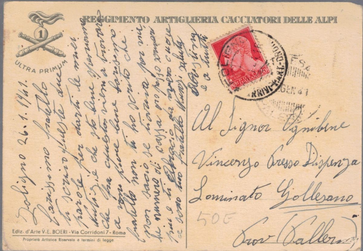 Cartolina Originale i Reggimento Artiglieria Cacciatori delle Alpi Ultra Primum