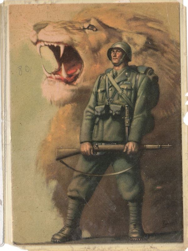Original postcard soldier and lion Propaganda office cabinet