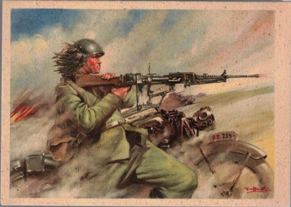 Rare original postcard Bersagliere motorcyclist with Breda machine gun