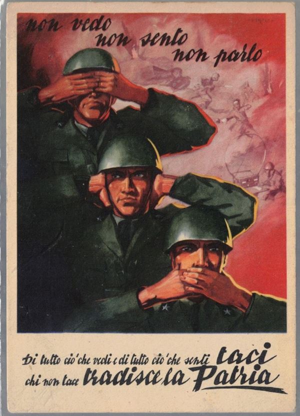 cartolina originale propaganda militare, non vedo, non sento, non parlo