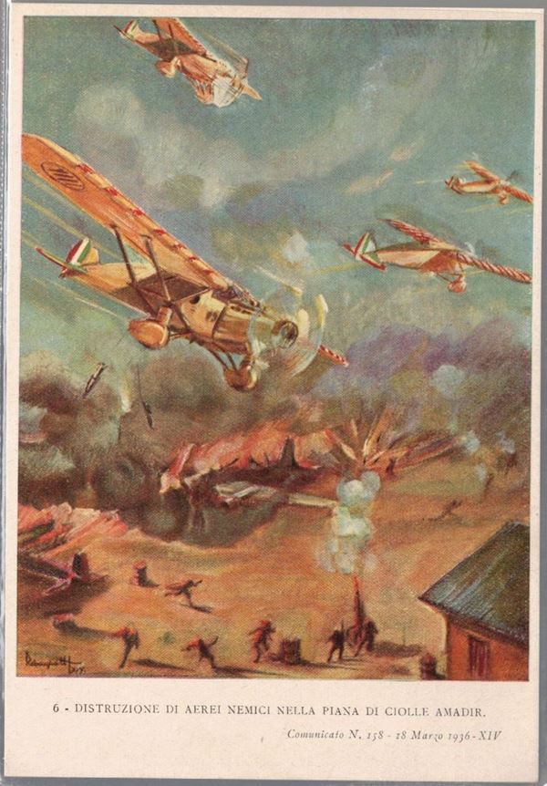 Cartolina originale coloniale distruzione di aerei nemici nella piana di Ciolle Amadir