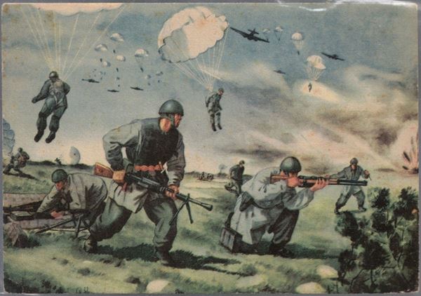 Cartolina originale per le forze armate "Paracadutisti in azione"