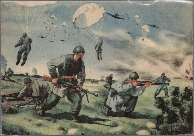 Cartolina Originale per le Forze Armate "paracadutisti in Azione"