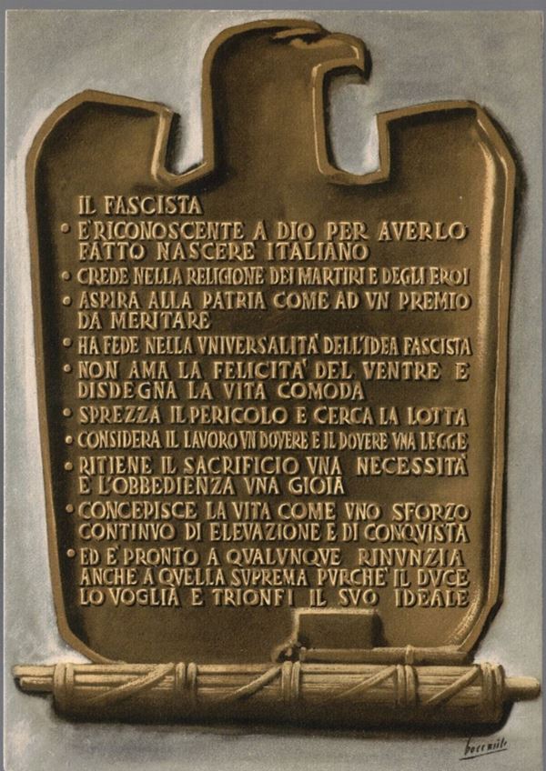 Original fascist propaganda postcard with the decalogue of the fascist P.N.F.