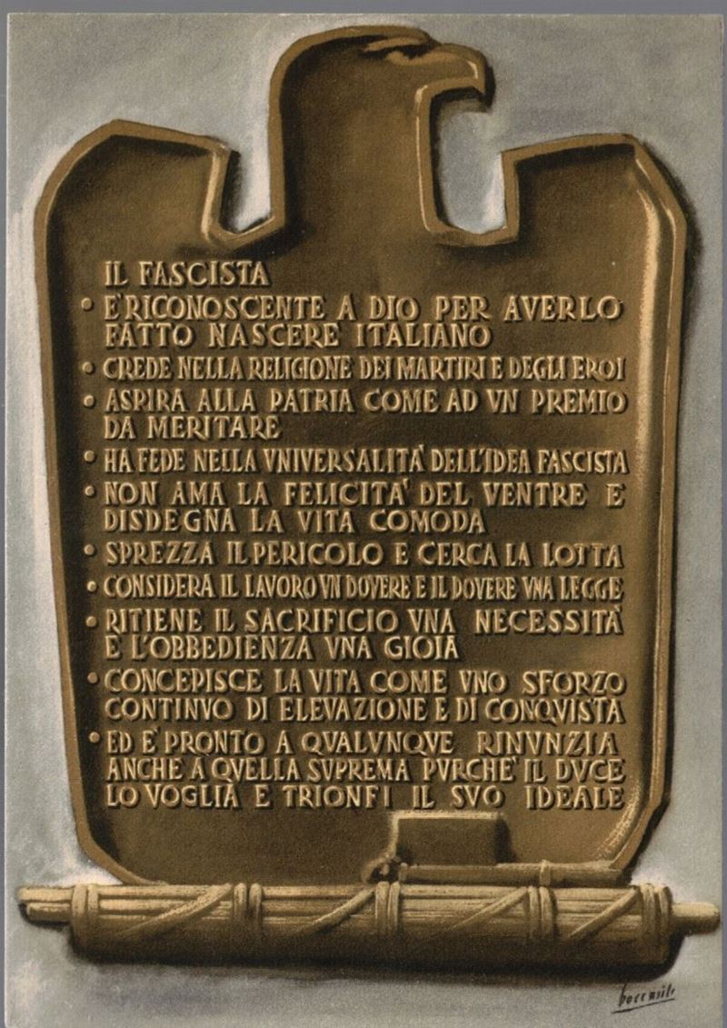 Cartolina originale propaganda fascista con il decalogo del fascista P.N.F.