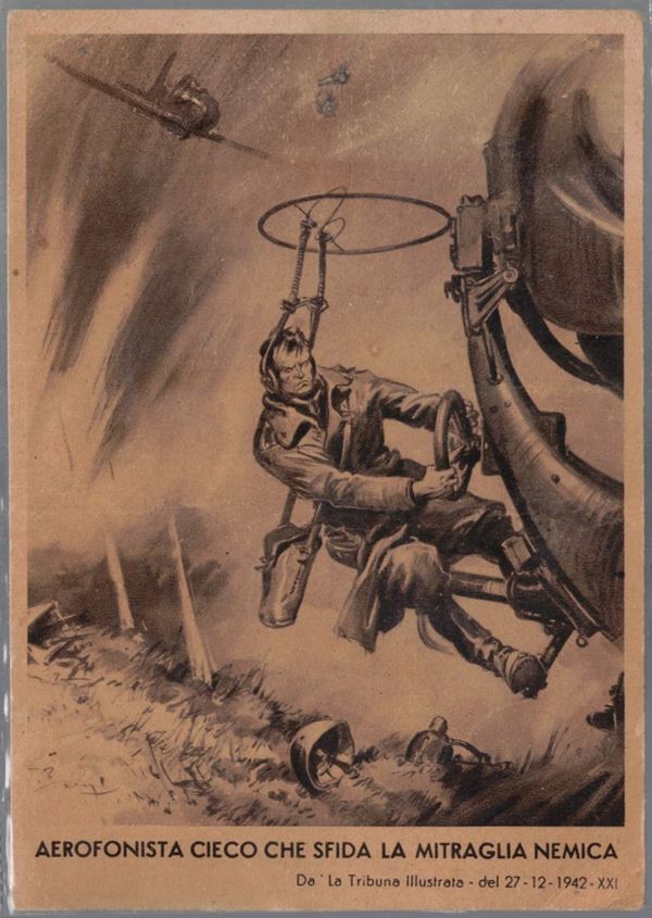 Cartolina originale aerofonistica cieco che sfida la mitraglia nemica