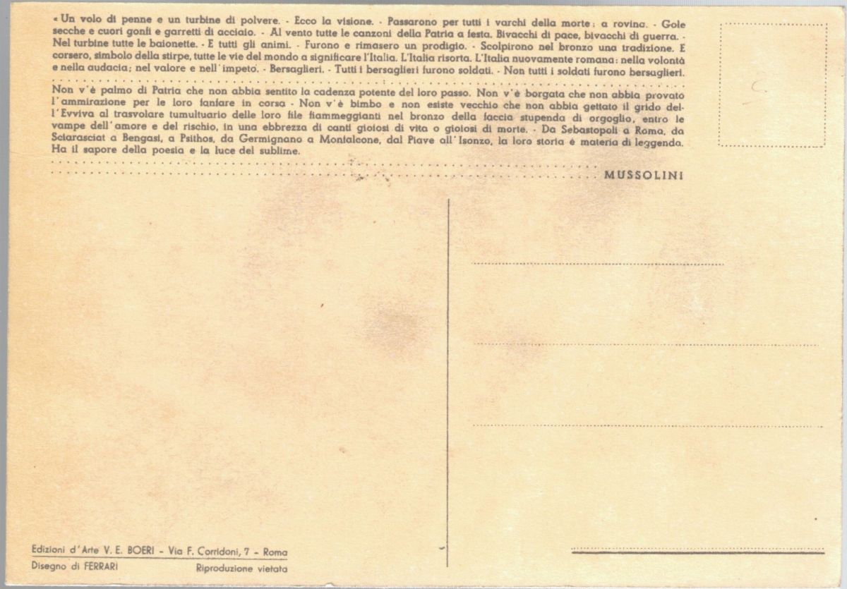 Cartolia Originale Bersagliere a Vent'anni Bersagliere Tutta la Vita 1935