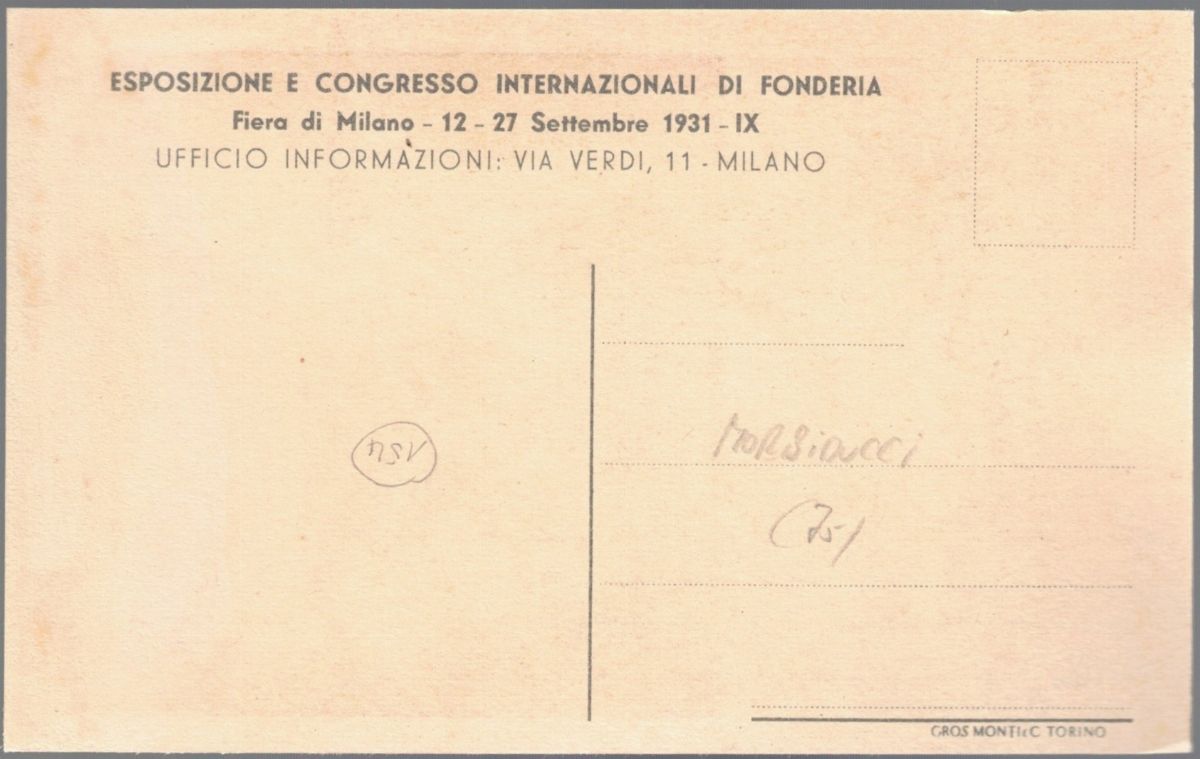 Cartolina originale esposizione e congresso internazionali di fonderia