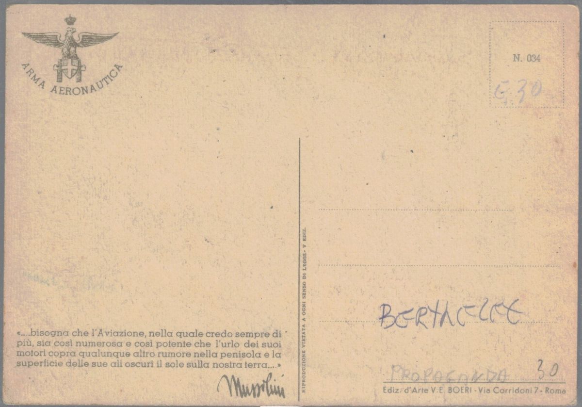 Cartolina Originale Arma Aeronautica "L'animo Ancor Più Forte Dell'ala e della Bomba" 1943