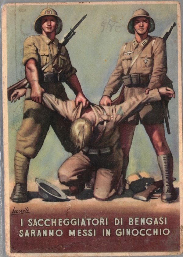 Cartolina originale propaganda fascista "I saccheggiatori di Bengasi saranno messi in ginocchio"