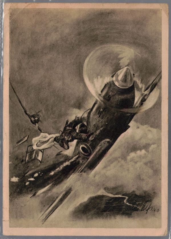 Cartolina originale lotta caccia contro caccia. uno Spitfire viene abbattuto in fiamme da un Me109,, Germanico 1942